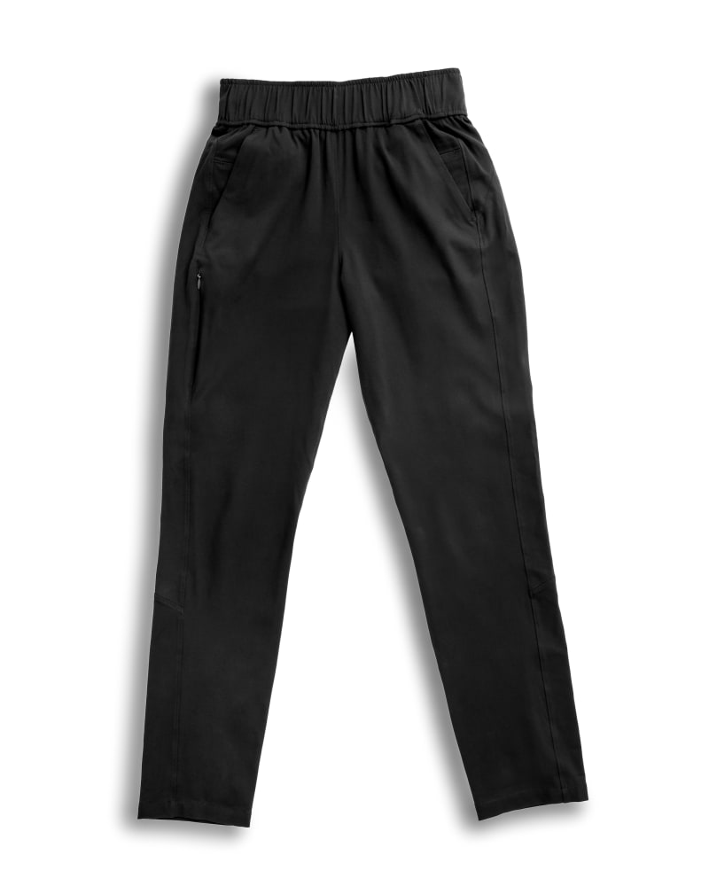 Front of a size L open air pant (28") in black by alder apparel. | dia_product_style_image_id:301353